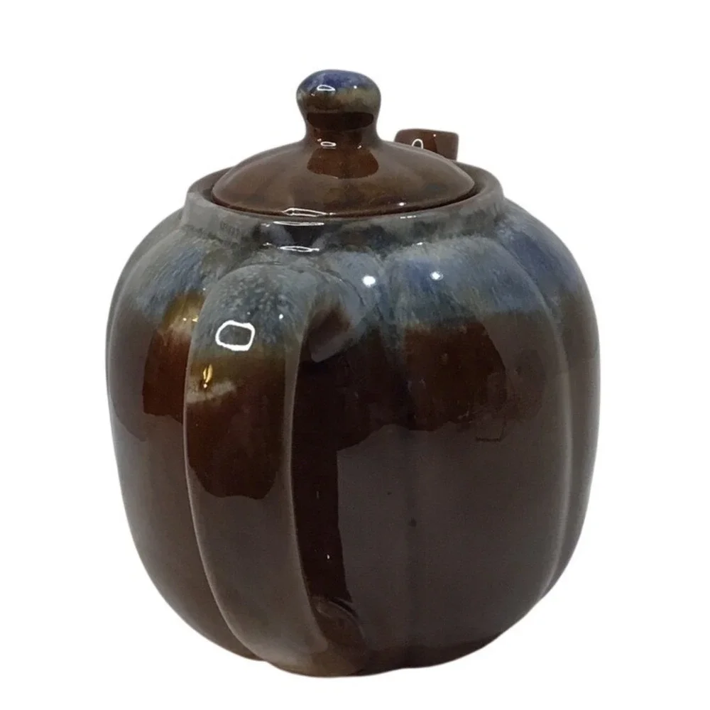 Vintage Ceramic Teapot‎ Brown Blue Glaze Rustic Country Kitchenware
